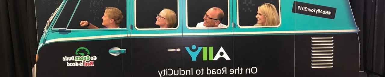 Pictured left to right: Andrea Linn, Blackboard Account Executive, Vince St. Germain, Colleen Cameron, Katie Clark at the 2019 BbWorld Conference in Austin, Texas - taking a ride in the Blackboard Ally "On the Road to IncluCity" VW Bus